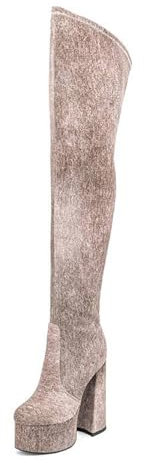 MANYUBEI Stivali sopra Il Ginocchio da Donna, 15 Cm Stivali Alti con Plateau in Denim Elasticizzato Tacco Spesso Stivali Lunghi con Cerniera Laterale E Punta Rotonda di Grandi Dimensioni, 44 EU,Brown