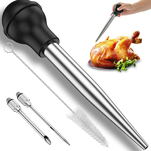 4 Pcs Turkey Baster Set Stainless Steel Turkey Baster Syringe Meat Marinade Injector Needle with 2 Needles Silicone Bulb and Cleaning Brush Cooking Turkey Injector for Baking Kitchen Party Christmas