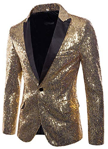 pailletten blazer herren gold, Glitzer Sakko Herren Regular Fit Ein Knopf Anzugjacke Disco Rave Karneval Kostüm Pailletten Blazer Hochzeit Party Herrenjacke Glänzende Silvester Outfit Smoking
