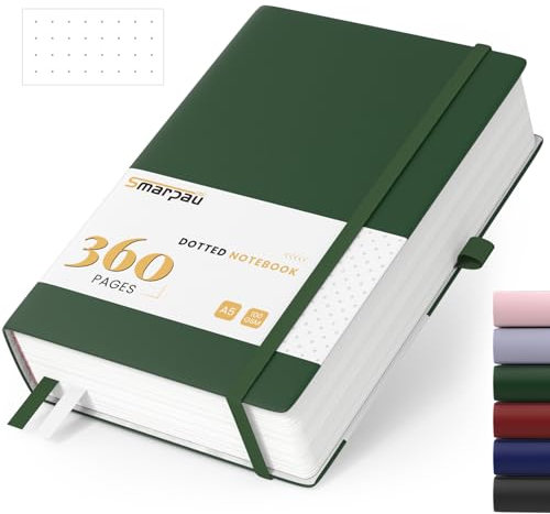 Notizbuch A5, Gepunktetes Dickes Journal, 360 Seiten Hardcover Bullet Journal, 100gsm Papier Leder Notizbucher für Erwachsene Arbeit, Schreiben, Notizen, Lernen, Reisen, 14.5 x 21cm - Dunkelgrün
