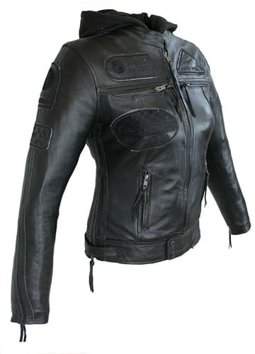 ALPHA SPEEDS Damen Motorradjacke Lederjacke Damen Jacke mit Protektoren Lederjacke mit Kapuze Leather Jacket Biker Jacket Custom Jacke