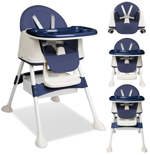 Trona plegable 4en1, Reclinable y regulable en altura, con bandeja extraíble y ruedas, Trona ajustable con cinturón de 5 puntos, Azul