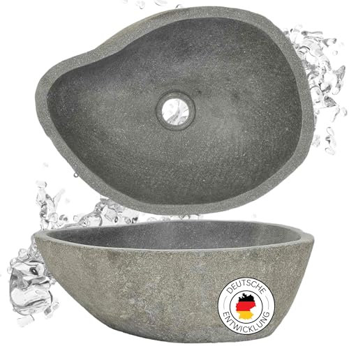 DELUKE® Naturstein Waschbecken oval - Flussstein | Aufsatzwaschbecken Waschschale Waschtisch Handwaschbecken Bad Waschplatz Badezimmer Oval, 37-46cm