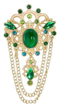 Broche Style Bohème à Franges - Fleur En Cristal Vert Émeraude Et Perles Sur Plaqué Or - Accessoire Élégant Pour Robe Ou Veste - Cadeau Chic Pour Femme, Anniversaire Ou Fête Des Mères