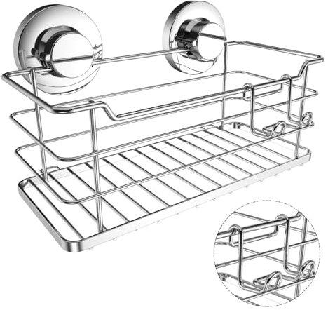 Poywaze Suction Cup Shower Caddy, Bathroom Organiser with Hooks, Stainless Steel Basket, Silver Tray, No Drilling Shelf for Kitchen Storage