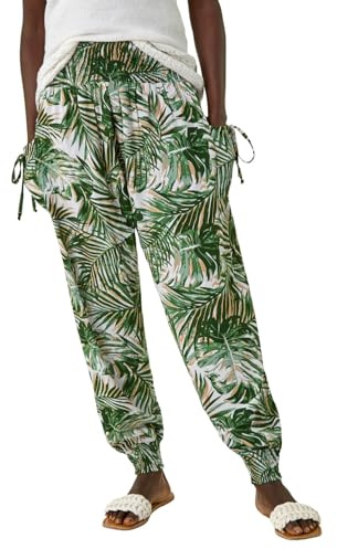 Roman Originals Wave Print Stretch Hareem Trousers for Women UK - Ladies Everyday Holiday Spring Summer Comfy Soft Evening Vacation Work Party - Green - Size 18