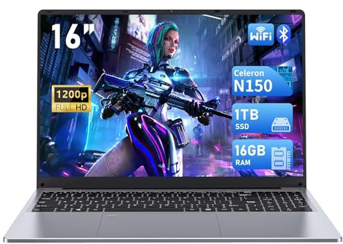 FUNYET Ordinateur Portable 16 Pouces, Portable processeur N150 (jusqu'à 3,4 GHz), 16 GB RAM 1 TB SSD,Laptop Win 11, 1920 x 1200 FHD Computer, Notebook avec Clavier rétroéclairé, 6000 mAh PC Laptop