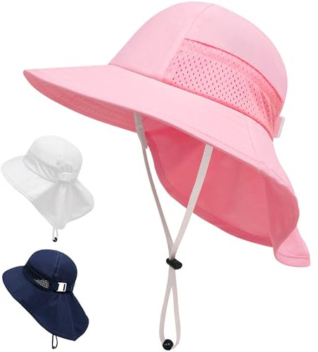 JinBei Sombrero de Sol para Niña, Rosa UPF 50+ Verano Proteccion Solar Gorro, Ajustable Plegable Transpirable Anti UV Exteriores Playa Gorra con ala Ancha, para Infantil 2-6 Años