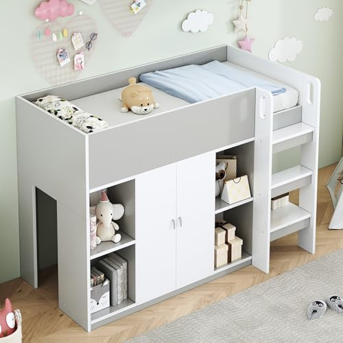 Kebnor Multifunktionales Hochbettmit Stauraum, Schrank und Regalen – Kinderbett mit Leiter und Stabiler Konstruktion 90 * 200 (Grau)