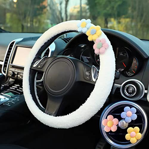 Lenkradbezug-Set mit niedlichem flauschigem Blumenmotiv, weich, pelzig, mit bezaubernden Blumen, Autozubehör, Schutz, perfekt für Frauen und Mädchen, Weiß
