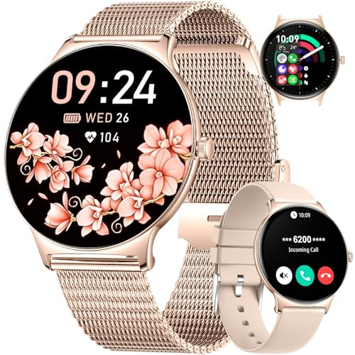 LIGE Damen Smart Watch Bluetooth Anrufe für Android iOS 1.43 AMOLED Always-on Display 7,9mm dünn Damen Smartwatch Rosegold Netz,100+ Sport Mode