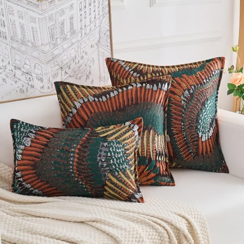 Yonous Premium Series Nature-Inspired Feather Wing Cushion Covers, Premium Polyester & Dutch Velvet Throw Pillow for Home Décor, Covers Only, Terracotta Sunrise, 18x18 Inch / 45 x 45 cm