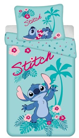 Disney Store Bettwäsche-Set Lilo und Stitch Hawaii, Baumwolle, Türkisblau mit tropischem Muster, 140 x 200 cm, Einzelbett, mit Kissenbezug 70 x 90 cm, Reißverschluss