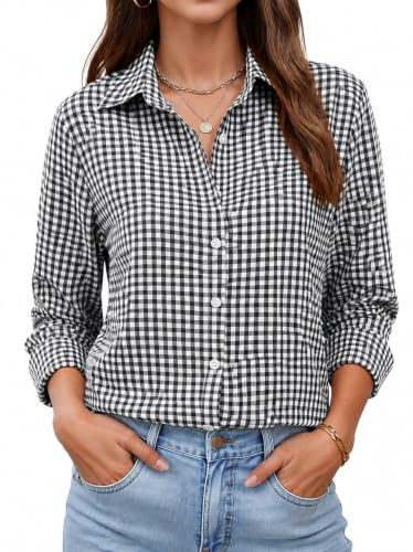 Rapbin Chemisier à manches longues, pour femme, couleur unie, élégant, rayé, décontracté, tenue d'affaires, ample, en coton