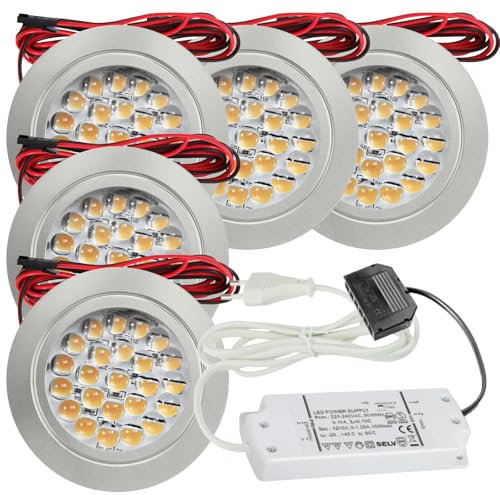 LED Möbel Einbauleuchten Emilia 5er Set 12 V · 2,4 W · 160 lm · 3000 K Warmweiß · Ø 58-60 mm · 11 mm Einbautiefe · inkl. LED Trafo · Silber · Plug & Play Spots für Möbel, Schränke, Vitrinen, Regale