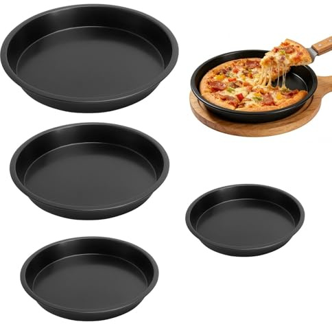 HENGBIRD 4 Größen Pizzablech Set mit Ölpinsel – 16/18/20/22 cm Antihaft Pizzablech Backform Rund aus Carbonstahl für Knusprige Pizza Zuhause – Pizzaform Pizzapfanne für Ofen, Küche, Schwarz