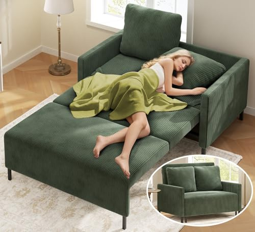 Domusensus Schlafsofa, 120CM Cord Sofa mit Schlaffunktion, 2 Sitzer Sofa | Schlafcouch 53CM Extra Tiefe Sitze, Couch mit schlaffunktion, Klein Sofa 2 Sitzer,Schlafzimmer Sofas fürs Büro 2 Kissen, Grün