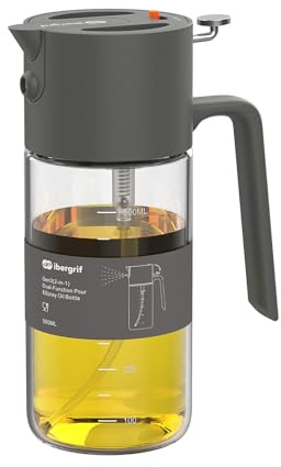 Ibergrif Spruzzatore olio 2 in 1 500 ml in vetro grigio | Dispenser spray e versamento, antigoccia, per friggitrice ad aria, cucina e insalate