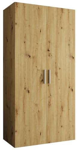 MEBLE KRYSPOL - Kleiderschrank - Garderobenschrank - 100 cm x 202 x 52 cm - Schrank mit Kleiderstange, 2 Türen - für Schlafzimmer, Flur - BARI, Artisan-Eiche, Griff Silber