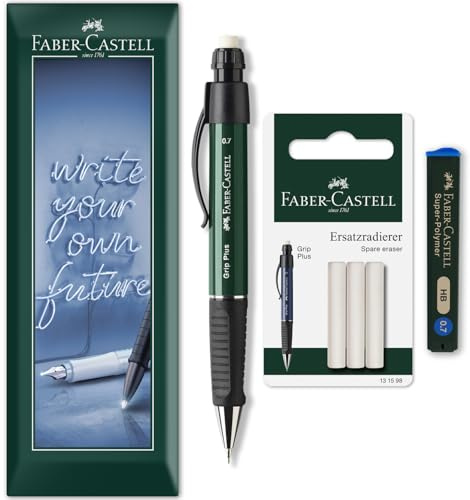 Faber-Castell Grip Plus Porte-mines + 12 mines HB de 0,7 mm + Gommes dans un emballage enveloppe Corps (grüner Schaft)