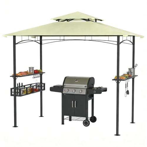 Ferzone Grillpavillon 245x153x250cm, Grillunterstand Wetterfest mit Doppeldach&Seitenregalen&Haken, Grillüberdachung Winterfest, BBQ Pavillon Grillzelt für Garten Party Terrasse Balkon, Beige