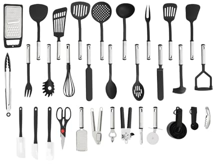 Set di Utensili da Cucina, Set Completo 40 Pezzi in Nylon e Inox Resistente al Calore 210°C, Spatole e Mestoloni Anti-Graffio per Padelle Antiaderenti, Accessori da Cucina con Fori di Sospensione