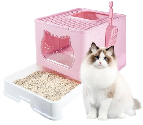 LN Cozy CORNE Large Foldable Cat Litter Box with Slide-Out Tray, Scoop, Hooded Litter Tray with Flap Door, Anti-Splashing Portable Enclosed Cat Toilet for Big Cats, 50 * 40 * 38cm Pink