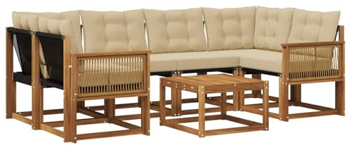 vidaXL Outdoor-Sofagarnitur mit Kissen 7 pcs Natur und Beige, Moderne Garten-Sofa-Garnitur, Robustes Akazienholz, Bequeme Terrasse, stilvolle Couch zum Entspannen