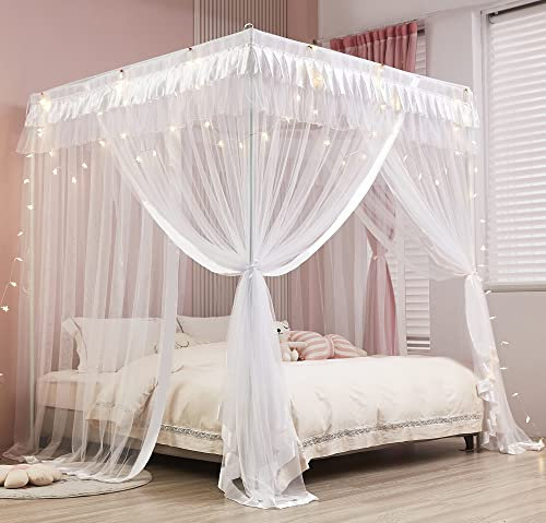 Mengersi Princess 4-Ecken-Vorhang, Betthimmel, Moskitonetz, Weiß, Doppelbett