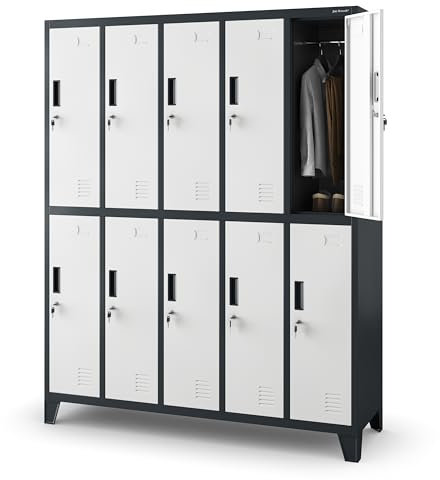 Umkleideschrank 5B2A Spind Spint Schließfachschrank Metallschrank mit 10 Fächern Etikettenhalter Lüftungsschlitze Metall Pulverbeschichtet 172 cm x 136 cm x 45 cm (H x B x T) (Anthrazit-Weiß)