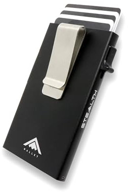 Stealth Wallet - Portefeuilles de Porte-Cartes Pop-up Minimalistes - Porte-Cartes de Crédit Bloquant la RFID/NFC en Aluminium Léger et Mince avec Stockage d'argent (Noir avec Pince à Billets)