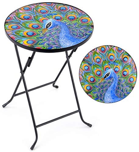 Bistro Table Glass Top Round Folding Garden Patio Decoration Plant Stand (Painted Peacock)