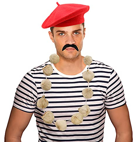 Rote Baskenmütze & Knoblauch + lockige Fashes Girlande Französischer Bastille Day Fancy Dress Set Herren & Damen (rote Baskenmütze & Knoblauch-Girlande)