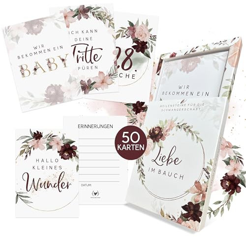 HIMMEL.HERZ.PAPIER® Meilensteinkarten Schwangerschaft verkünden - Geschenk für Schwangere - 50 Karten inkl. Geschenkbox - Liebe im Bauch