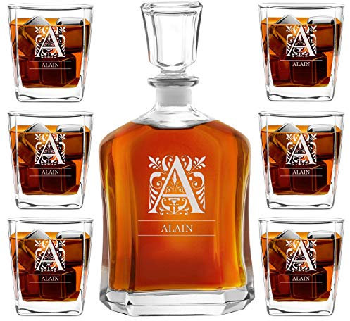 Maverton Ensemble Carafe Personnalisé a Whisky Rhum Cognac Avec 6 Verres a Whisky Gravés - 700 ml Service Universel - Idee Cadeau Homme - Cadeau Anniversaire Homme - Bouteille verre - Lettre