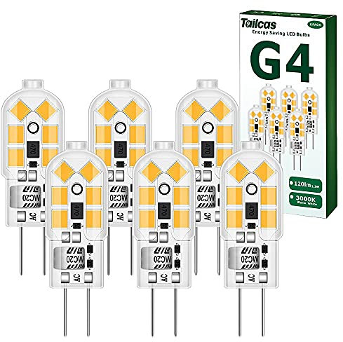 Tailcas G4 Led Birne Warmweiss, 1.2W 12V Lampen, Ersatz für 10W Halogenlampen, 120lm 3000K 360° AC/DC Leuchtmittel, Kein Flackern Nicht Dimmbar Stiftsockellampe Glühbirnen, 10er Pack