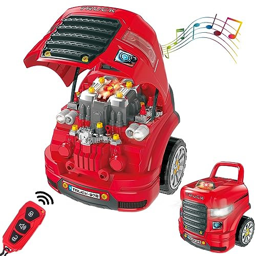 deAO Large Truck Engine Toy, Kids Mechanic Repair Set for 3-8 Year Old Boys, Play Trucks, Lights, Sounds, Take Apart Pretend Play Car Service Station
