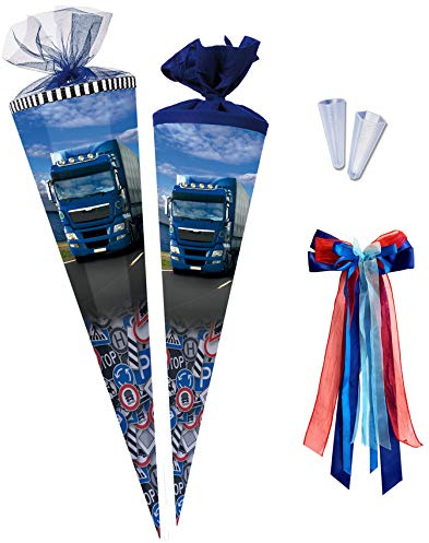 Nestler Schultüten-Set zum Befüllen, Handgemachte Zuckertüte aus Karton - Motiv Trucks on the Road inkl. Spitzenschutz, Schleife (70 cm rund)