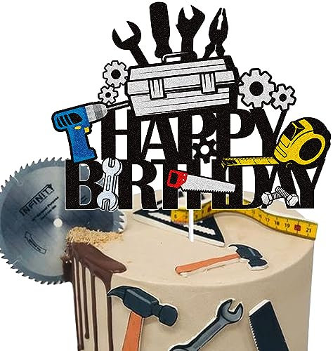 Tools Happy Birthday Cake Topper Black Glitter Toolbox Cake Decoration Labor Day Worker Themed Birthday Party Supplies for Boys Men