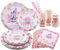 Aitsite Lot de 100 assiettes de fête d'anniversaire pour 20 invités, château de conte de fées, château rose, décoration de fête, assiettes, gobelets, serviettes