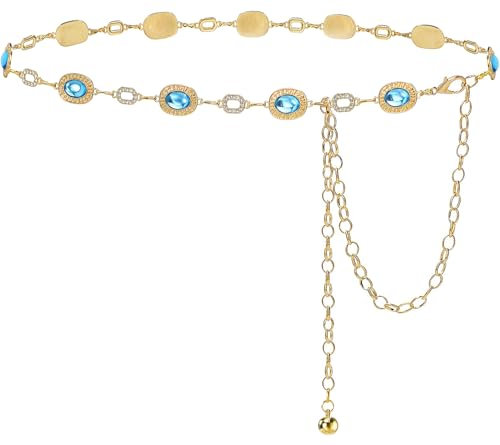 Glamorstar Kette Gürtel für Frauen Strass Kristall Taille Gürtel für Kleid Geschenk, Gold Viking Blue, 150 cm/147.5 cm/XL