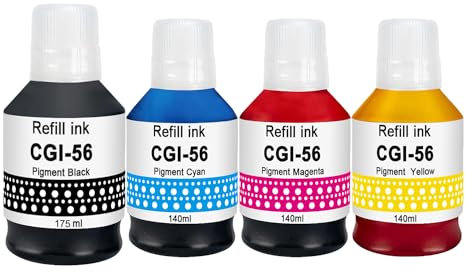 Molabel Bouteilles d’Encre compatibles GI-56 pour Canon GI-56 – Pack de 4 (Noir, Cyan, Magenta, Jaune) Compatible avec MAXIFY GX7050, GX6050, GX5050, GX4050, GX3050