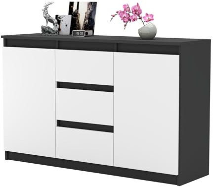 MartHome Moderne Kommode ALEXO - 120cm Breit, 75cm Hoch, 3 Schubladen, 2 Türen, Robuste Laminat-Konstruktion, Vielseitig für Wohnzimmer, Schlafzimmer, Home-Office Anthrazit Matt/Weiß Matt Front
