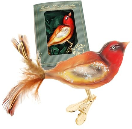 Krebs Glas Lauscha - Decorazione natalizia/decorazione per albero di Natale in vetro – Uccello di vetro – Motivo: carlina con piume vere – Colore: arancione – Dimensioni: 12 cm – Made in Germany
