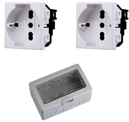 Cassetta Elettrica IP55, Completa Di Frutti Compatibile Con Bticino Matix, 4 Moduli 2 Prese Schuko P40 Universale 10/16A, Scatola Con Coperchio Da Muro Parete Esterno e Interno