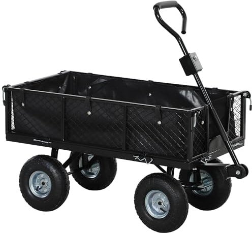 Outsunny Gartenwagen 300 kg belastbar Transportwagen mit Luftreifen, herausnehmbare Plane Griff Rädern Lenkachse Bollerwagen Handwagen Gartenkarre 114 L Gerätewagen für Haus Garten Schwarz
