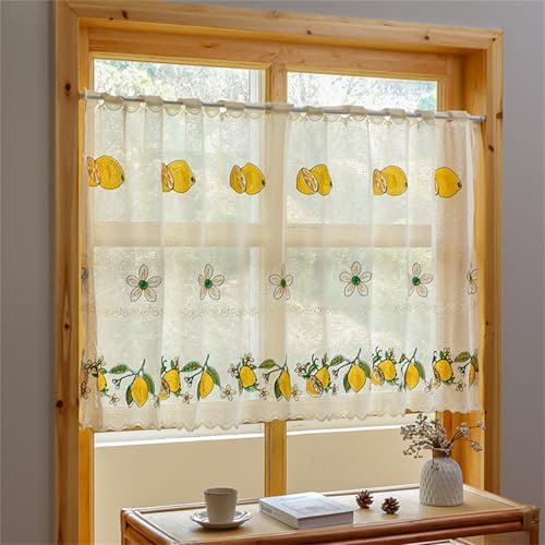 AQCQDQ Scheibengardine Landhaus, Kurz Gardinen Fenster Halbtransparent, Zitronen-Stickerei Vorhang, Küchenvorhänge, Bistrogardine, Kaffee Vorhänge (100 * 85 cm)