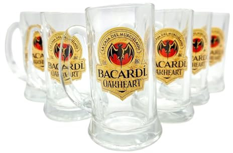 Generisch Bacardi Oakheart Bierkrug aus Glas, Set von 6 Stück, Klassisches Logo Design, Traditioneller Henkelkrug