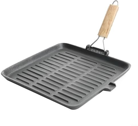 Puupaa Poêle à frire carrée en fonte de 27,9 cm avec poignée en bois pliable pour cuisinière, feu de camp, steak, viande, bacon et poisson, barbecue intérieur et extérieur