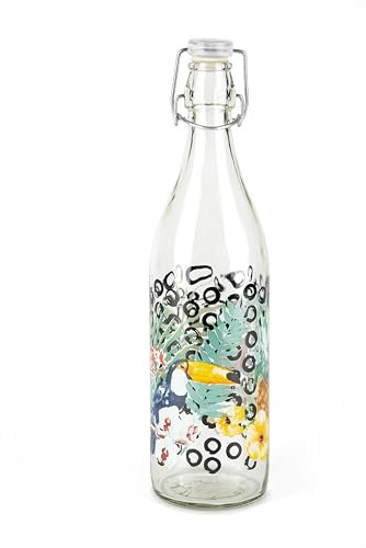 Excelsa Tropical Chic Bottiglia in Vetro con Decoro Tropicale, Tappo Ermetico, 1L